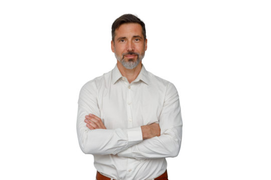 Confident middle-aged businessman smiling, standing with arms crossed, portraying success and professionalism on transparent background