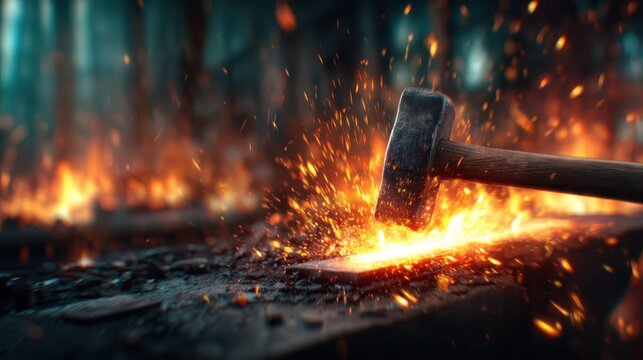 An intense scene showing a hammer striking glowing metal during the forging process, with sparks flying in a dramatic display, capturing the raw power of craftsmanship and artistry. - Powered by Adobe