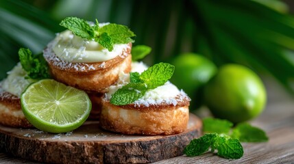 A stack of delightful lime desserts garnished with fresh mint showcases culinary creativity, highlighting vibrant colors, fresh ingredients, and tempting textures in gourmet delights.