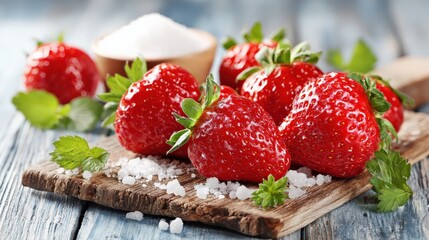 Fresh juicy strawberries garnished with mint leaves and sugar on wooden board