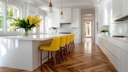 This modern kitchen features sleek white cabinetry, vibrant yellow bar stools, and a centerpiece of yellow flowers, creating a vibrant and inviting atmosphere for culinary enthusiasts.