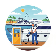 Illustration of a man fueling a boat at a marina with yachts.