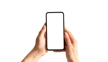 Person holding a smartphone with a blank, bright screen against a black background