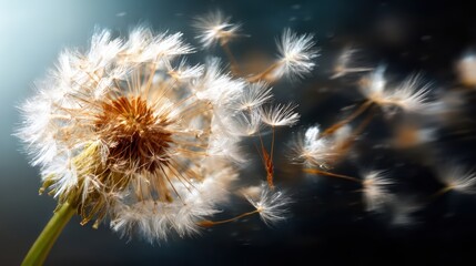A close-up of a dandelion puff dispersing its seeds into the air, capturing the delicate beauty of nature and the transient moment of seed dispersal in a stunning visual display.