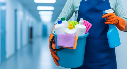 A cleaner wearing an apron and gloves holds a bucket full of cleaning supplies in a long hallway, ready for disinfection.