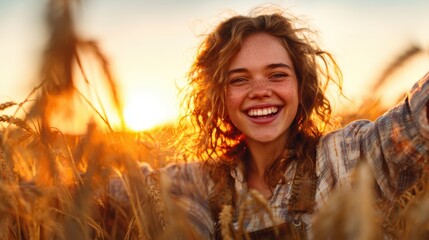 A young woman radiates happiness as she stands in a golden wheat field, joyfully embracing the warmth of the setting sun in a picturesque rural landscape.