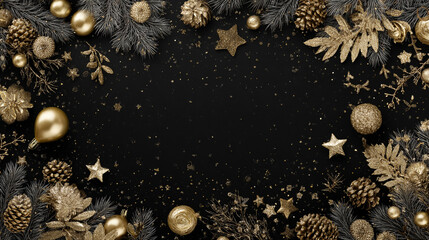 Obraz premium A luxurious flat lay of golden and bronze Christmas decorations with pine branches and cones framing a dark, textured background with copy space.