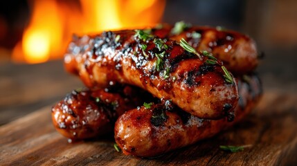 Succulent grilled sausages, caramelized and glazed, are arranged beautifully on a wooden board, evoking a sense of mouth-watering delight perfect for culinary enthusiasts and gatherings.