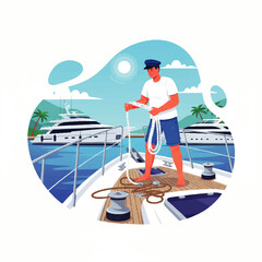 Illustration of a man on a yacht, handling ropes, with yachts in the background.