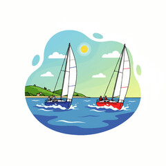 Two sailboats race on the water under a sunny sky.