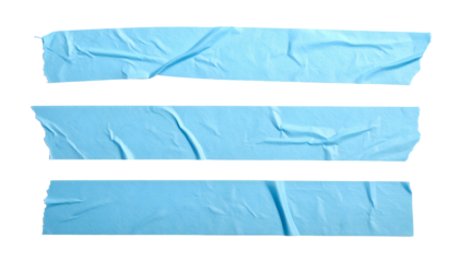 Three strips of light blue, wrinkled adhesive tape isolated on a black background