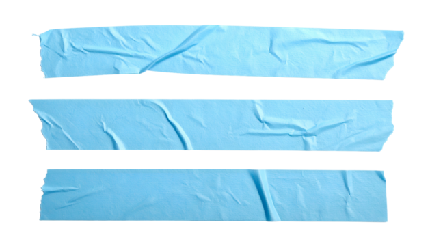 Three strips of light blue, wrinkled adhesive tape isolated on a black background