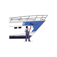 Illustration of a man painting the side of a boat blue.