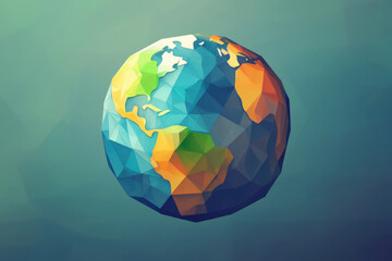 Colorful low poly earth globe rotating in space, representing global communication, international business, and environmental conservation