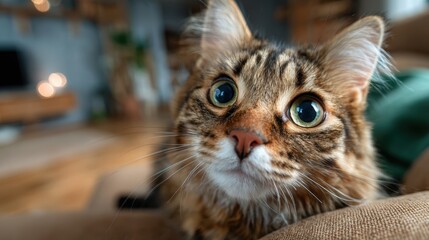 A captivating close-up shot of a furry cat with striking eyes, showcasing its inquisitive expression, capturing the essence of feline curiosity at home.