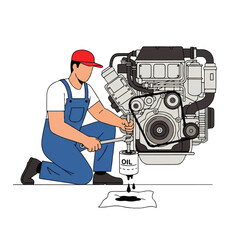 Mechanic changing oil filter on engine, wearing overalls and red cap.