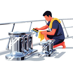 Man cleaning boat hardware with sponge and cloth on deck.
