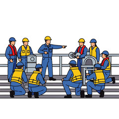 Group of workers in safety gear receiving instructions on a platform.