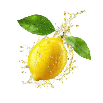 A lemon with leaves and water splashing around it isolated