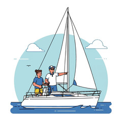Illustration of a man and woman sailing on a sailboat with white sails on a sunny day with clouds in the background.