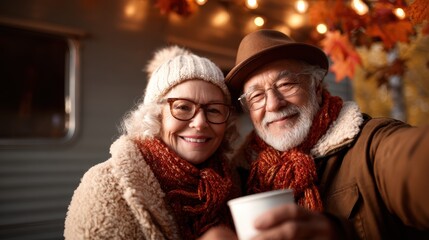 A joyful senior couple smiling for a selfie, wrapped in cozy scarves against a nostalgic autumn backdrop with warm lighting, capturing the essence of love and companionship in golden years.