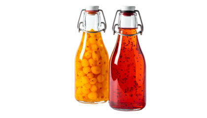Two glass bottles with swing-top lids filled with orange & red, seedy liquid, on black