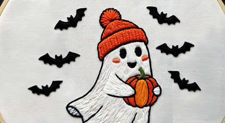 "Cozy Pumpkin-Holding Ghost Illustration &mdash; Cute Little Ghost Wearing a Knit Beanie Holding a Carved Jack‑O'Lantern on Dark Night"