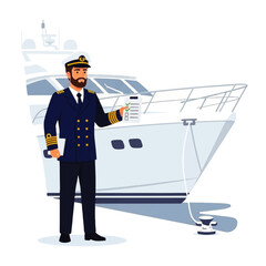 Boat captain with checklist in front of yacht, vector illustration.