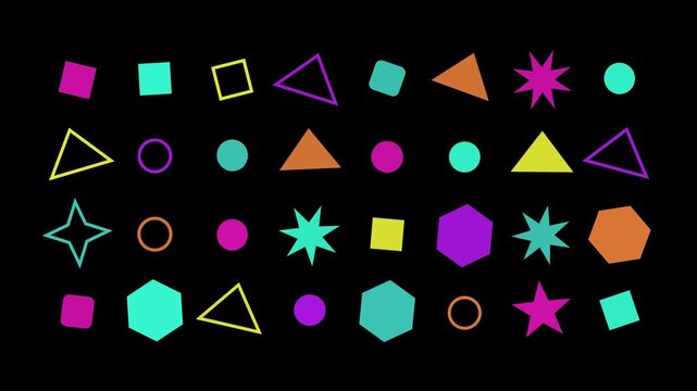 A collection of colorful geometric shapes arranged on a black background, including squares, circles, triangles, stars, and hexagons