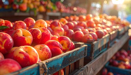 A sun-drenched display of ripe, red and yellow fruit. The close-up reveals texture and detail. Wooden crates hold a bounty of fresh produce. The scene is illuminated by warm sunlight