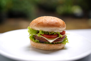 Hamburger with pickles on white plate.