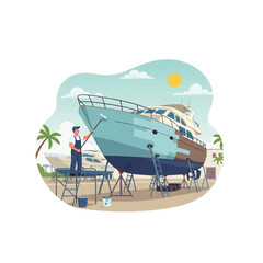Illustration of a man painting a boat on a beach.