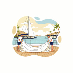 Two men handling a white sheet on a boat deck with a tropical backdrop.