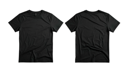Front and back view of a plain, black short-sleeved crew neck t-shirt against a black bg