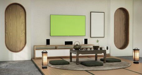 Tv Cabinet wooden design on living room interior modern japan style with tea low table on tatami mat floor.3D rendering