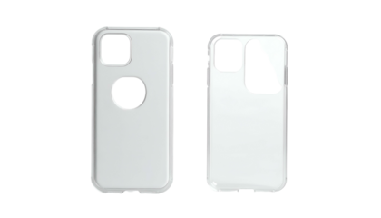 Two transparent protective cases for a rectangular smartphone, viewed from front and back