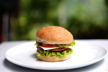 Fresh hamburger on white dish.