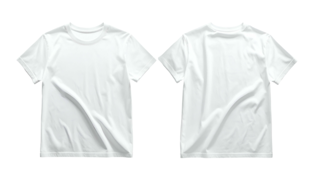 A front and back view of a plain white crew-neck t-shirt on a black background