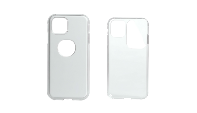 Two transparent protective cases for a rectangular smartphone, viewed from front and back