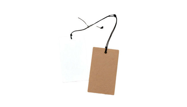 Two rectangular tags, one white, one brown, dangling from strings against a black background