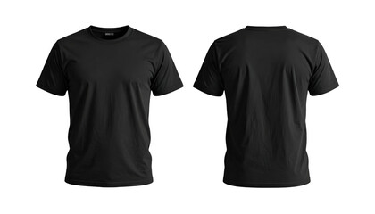 Front and back views of a plain black crew neck t-shirt on a black background