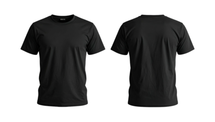 Front and back views of a plain black crew neck t-shirt on a black background