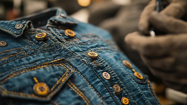 Crafting Denim - A Close-Up Look at Hand Stitching and Buttoning a Stylish Jacket.