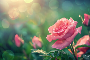 The rose bush is decorated with dew drops and flooded with morning light