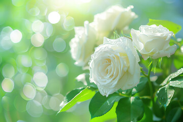 The white rose flowers in the garden shine under the soft sunlight
