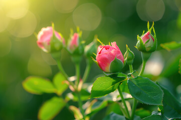 The pink rose flowers in the garden shine under the soft sunlight.