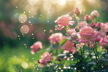 Pink flowers are buried in the golden rays of the sunset