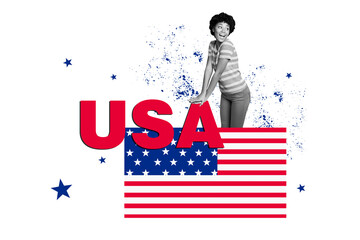Composite collage image of funny cheerful female national independence america day fourth july concept weird freak bizarre unusual fantasy