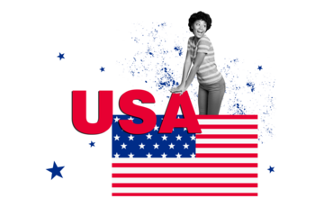 Composite collage image of funny cheerful female national independence america day fourth july concept weird freak bizarre unusual fantasy