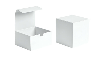 Two white cardboard boxes, one open showing the inside, the other closed and cube-shaped